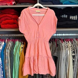 Stark X gauzy coral elastic waistband v neck front button closure dress size S